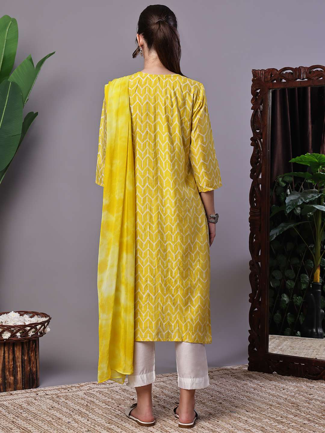 Women's Mustard Yellow Chevron Print Chanderi Kurta Set with Mirror Work Suit Sets - Image 2